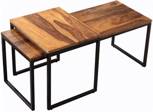 Tavolini impilabili VORTEX in legno massiccio Sheesham e metallo nero – set di 2 tavoli design industriale