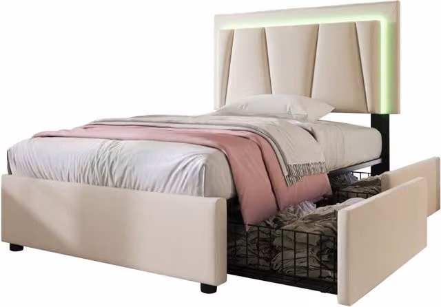 Letto singolo 90x200 in tessuto beige con LED， 2 cassetti e testiera regolabile， senza materasso