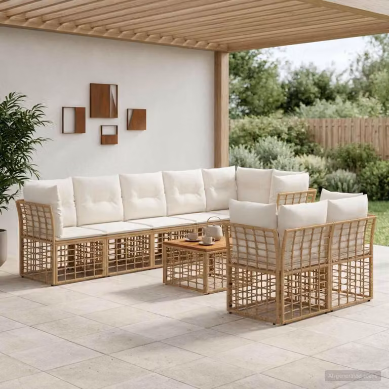 Maison Exclusive - Set da esterno per divano, 9 pezzi. Tessuto in poliestere, colore naturale e crema