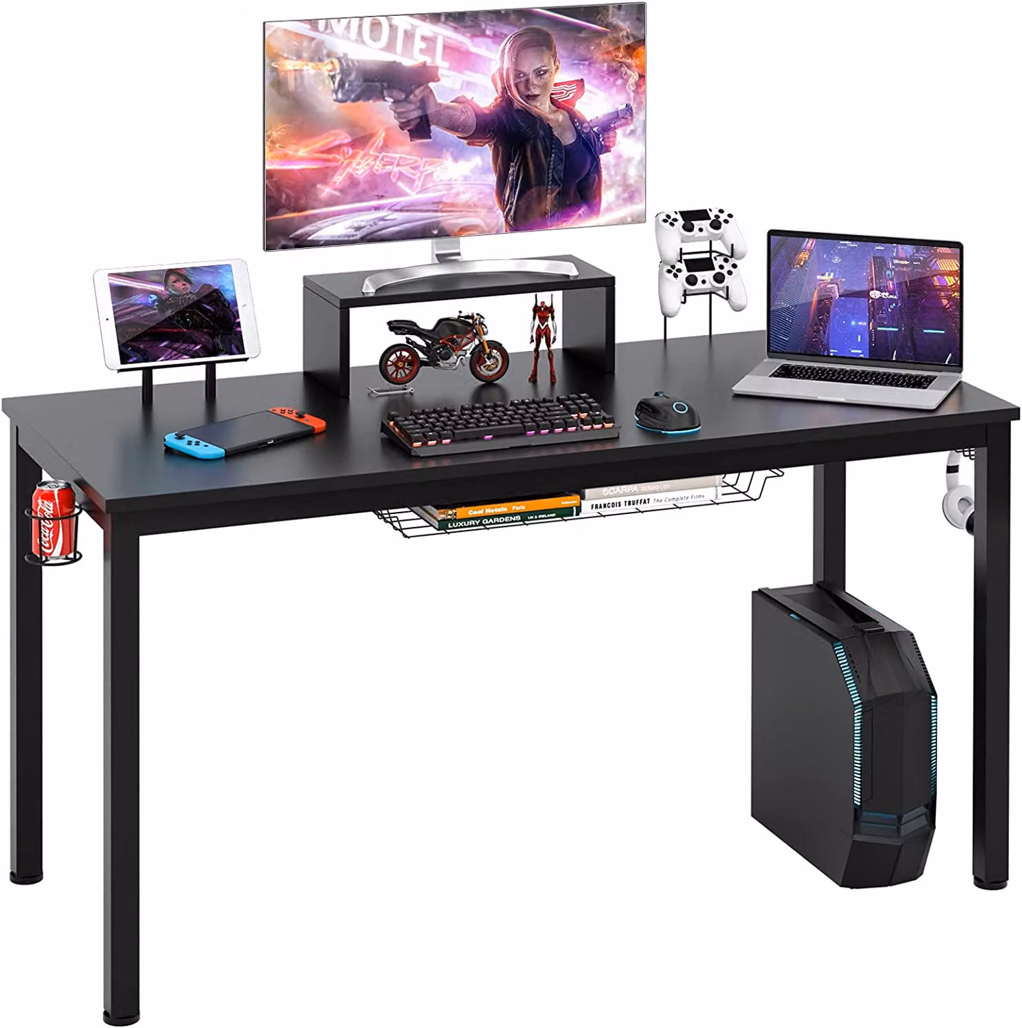 Scrivania COSTWAY 140 cm Scrivania per computer Tavolo da gioco con ripiano per monitor, portabicchieri, gancio per cuffie, cestino, ripiano per supporti, pedane regolabili