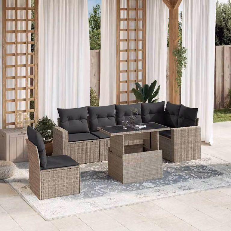 Set di divani da giardino vidaXL in polyrattan con cuscini grigio antracite, composizione a L con tavolo da esterno, 7 pezzi
