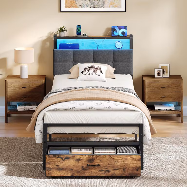 Letto VASAGLE con 1 cassetto, dimensioni 90 x 200 cm, illuminazione LED e base di ricarica