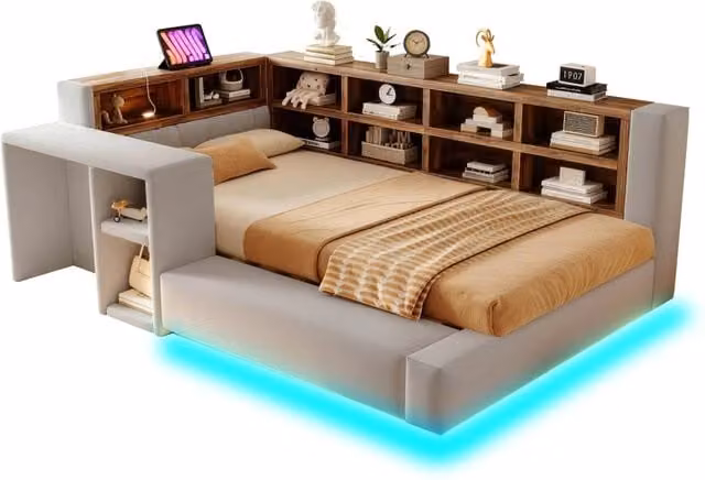 Letto singolo moderno Chicfurn in tessuto grigio con vani contenitore, illuminazione LED sottostante, porte USB, luci di lettura integrate e mensola laterale, L/P: 90 x 200 cm