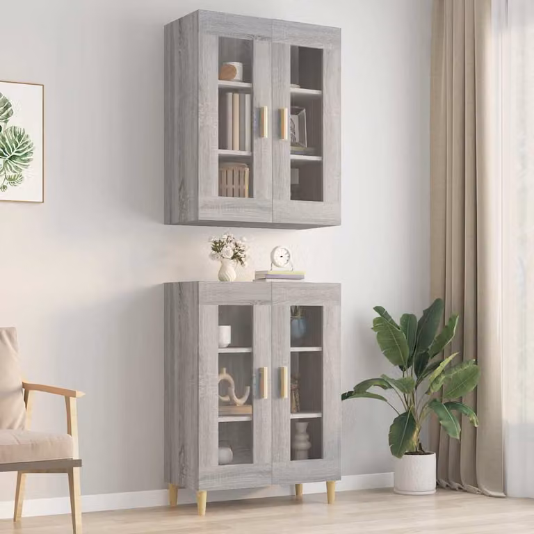 Armadietto Pensile da Parete vidaXL Grigio con Ante in Vetro L: 69,5 cm, P: 34 cm, H: 90 cm