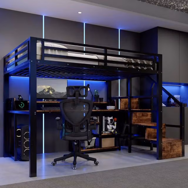 Letto a soppalco 140x200 cm con vani portaoggetti; LED e USB + Type-C in MDF e metallo nero