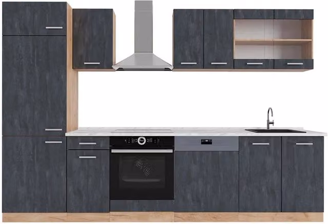 Cucina componibile moderna Vicco R-Line Calce nera e Rovere dorato con piano effetto Marmo, L: 300 cm