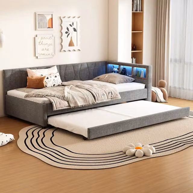 Letto Singolo con Rete a Doghe e LED, Estraibile ¨C MINIMAL ¨C Tessuto Grigio 90x200