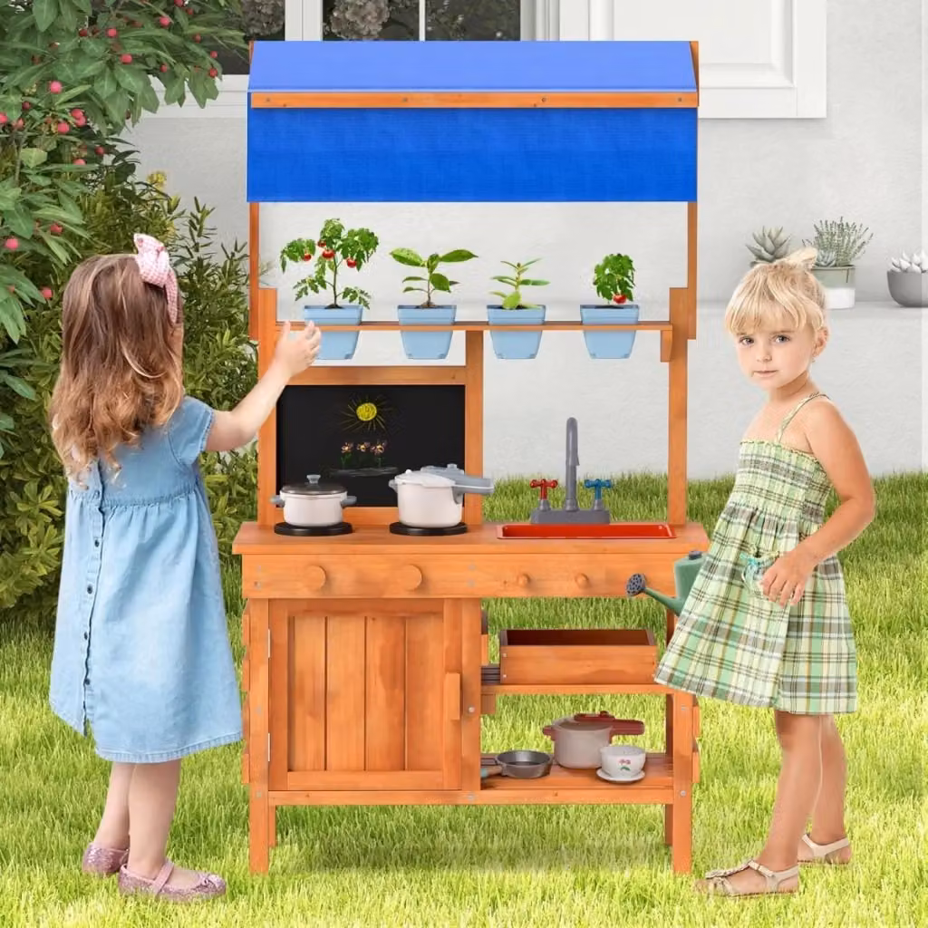 Cucina da gioco in legno con tetto regolabile, lavagna e accessori, colore naturale, L: 136 cm, P: 77 cm, H: 56,5 cm – 2