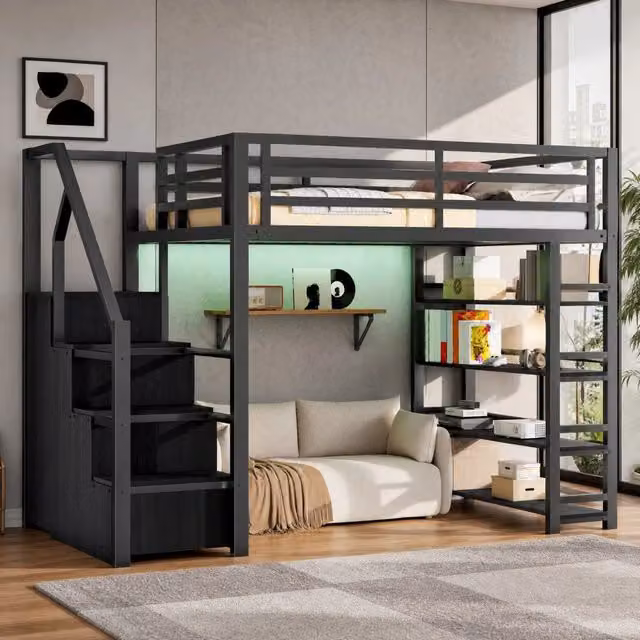 Letto a soppalco 140x200 cm con LED; scala contenitore e armadio in MDF e metallo nero