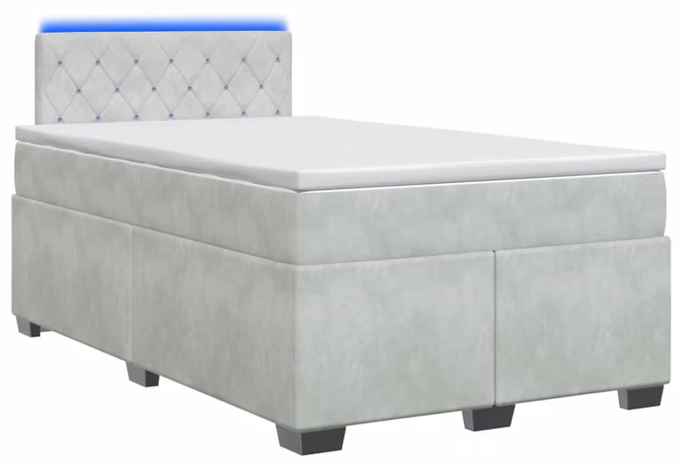 Letto con boxspring, materasso e illuminazione LED, colore grigio chiaro, dimensioni 120 x 200 cm, rivestito in velluto