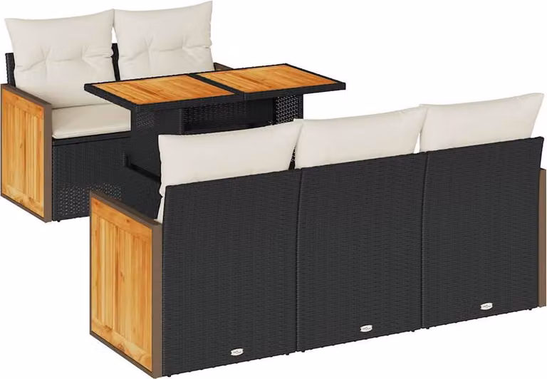 Set Divano da Giardino 6 pz con Cuscini Nero Polyrattan Acacia