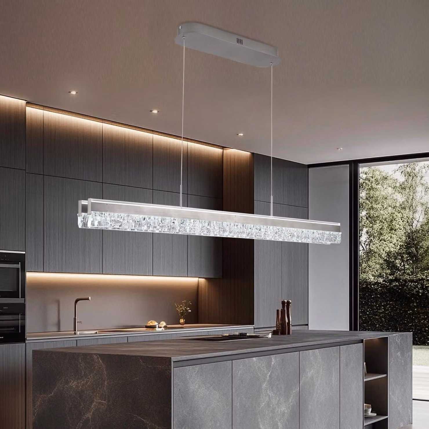 Lampada a sospensione a LED, dimmerabile, con cristalli, lunghezza 100 cm, design moderno