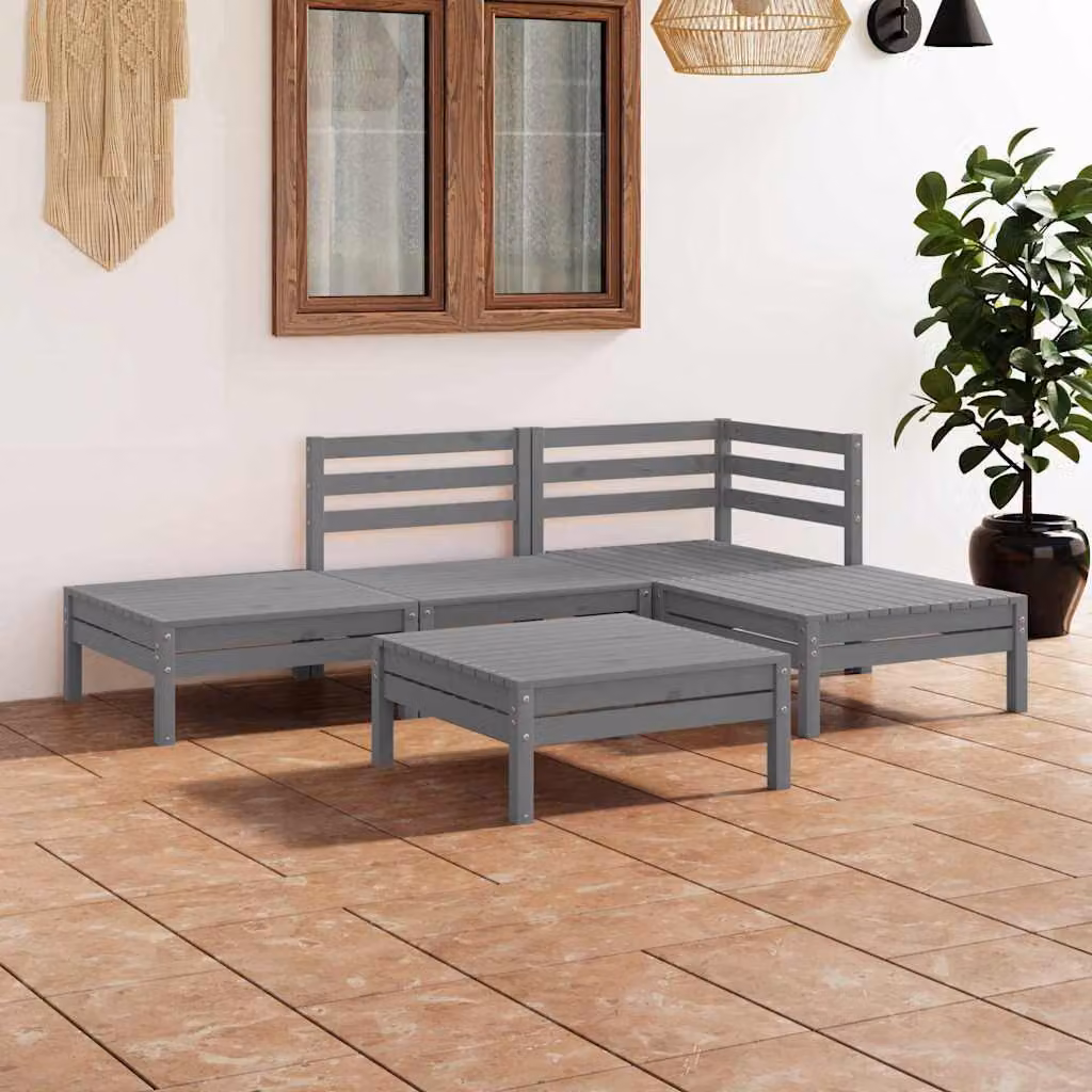 Set Salotto da Giardino vidaXL 5 pz in Legno di Pino Grigio con Cuscini e Configurazione a L