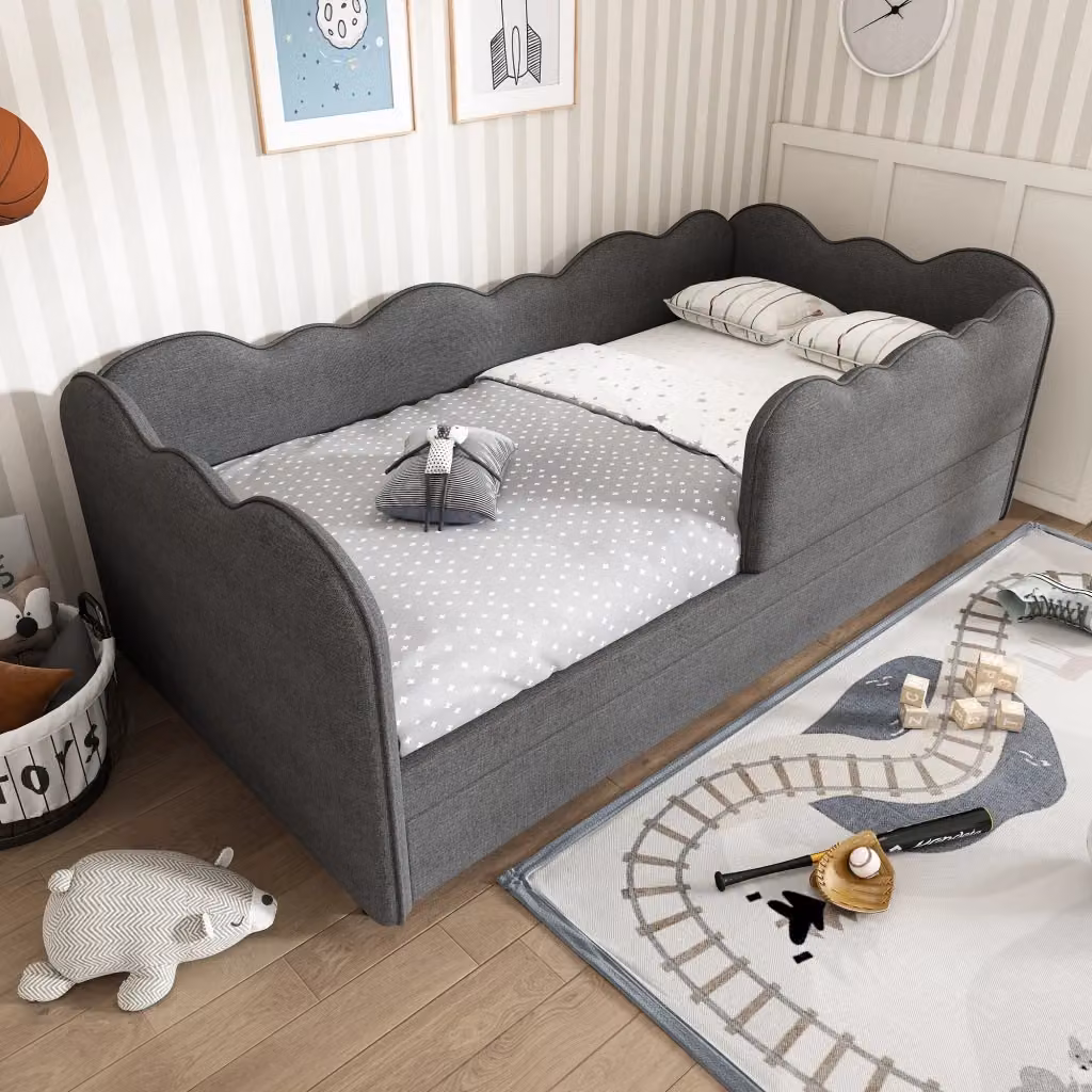 Letto singolo estraibile Chicfurn in lino grigio con secondo letto estraibile e sponde removibili L/P: 90 x 190 cm – 2