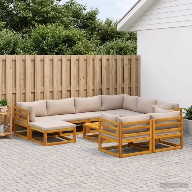 Set di divani da giardino vidaXL in legno di acacia massello con cuscini beige e marrone, composizione a L con elemento angolare, pouf e tavolino da esterno – 1