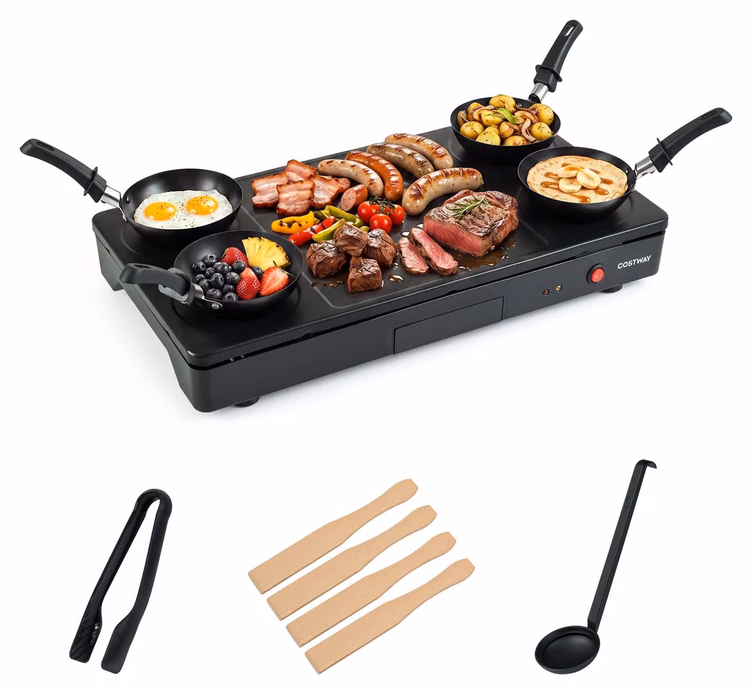 COSTWAY, griglia elettrica 2-in-1, griglia da tavolo, piastra da cottura elettrica con pinza, cucchiaio, padelle, spatole in legno, rivestimento antiaderente e vaschetta raccogli grassi