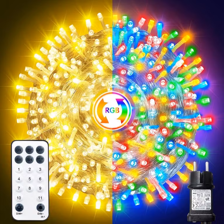 Catena luminosa LED da 20 metri, con 200 LED, luce bianco caldo e colorata, grado di protezione IP65, con funzione di dimmeraggio