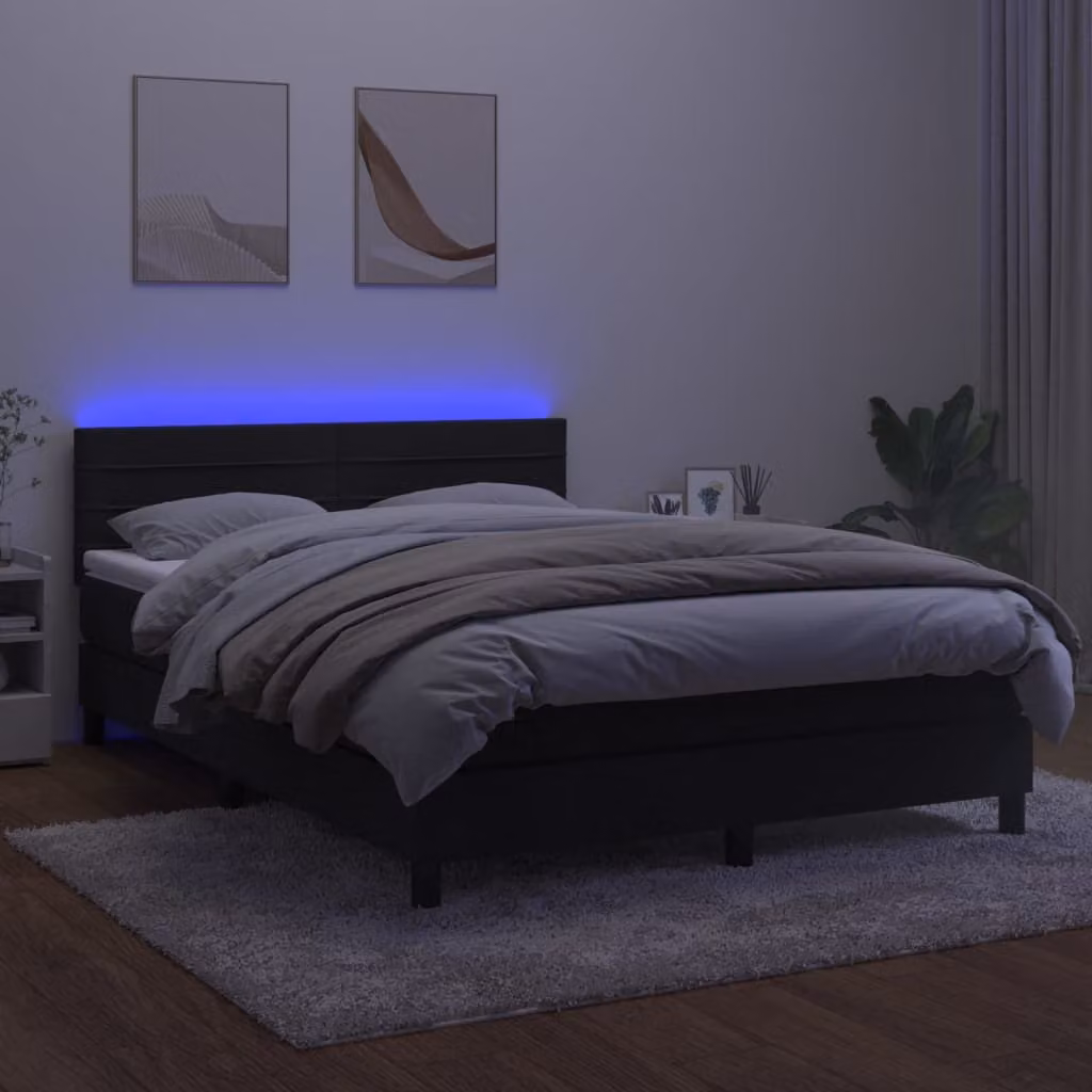 The Living Store Letto a molle con materasso e LED nero 140x200 cm in velluto