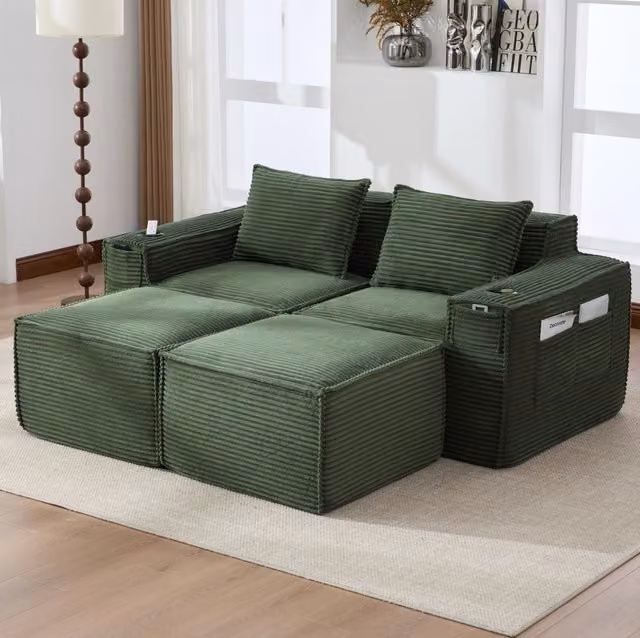 Divano modulare ULEVR 188x162x75 cm in velluto a coste verde con 2 pouf, portabicchieri e tasche laterali