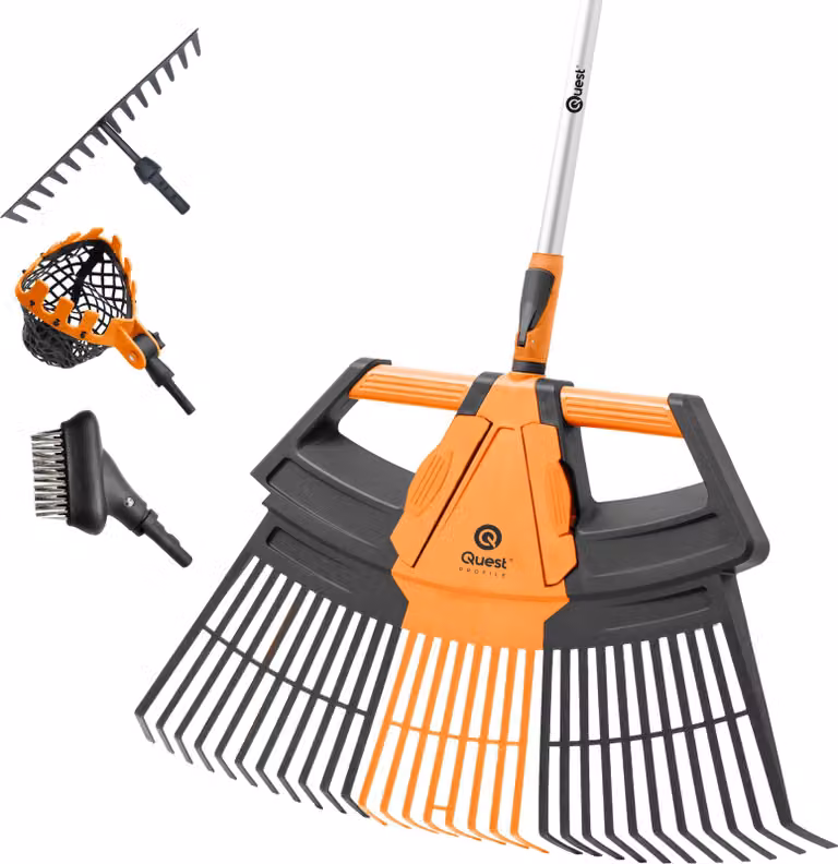 Rastrello per foglie QUEST, rastrello in metallo, manico telescopico, raccoglitore di frutta, spazzola per pavimentazione - Sistema giardino QUEST