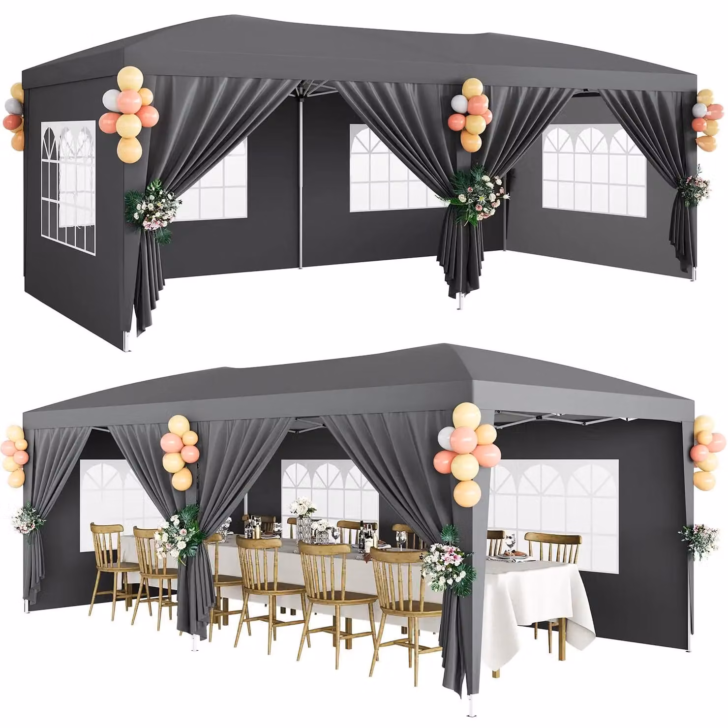 Tenda pop-up per feste, dimensioni 3 x 6 metri - 6 pareti laterali - struttura in acciaio - tessuto Oxford 210D impermeabile - protezione UV - altezza regolabile - colore grigio scuro
