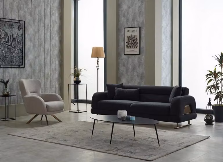 Sofagarnitur Polstersofa Dreisitzer Sessel Stoff Schwarz Sofa Set 2tlg