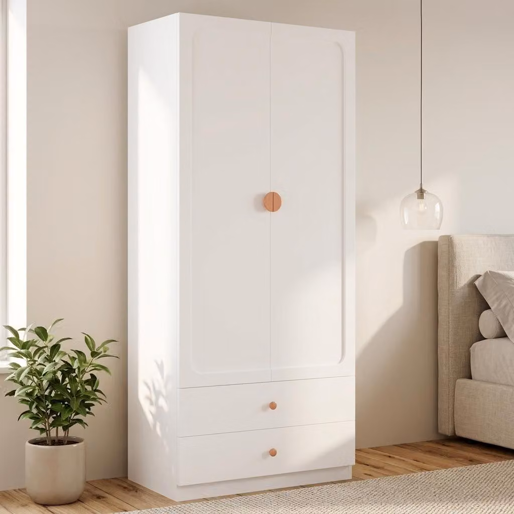 Armadio 200x90x45, maniglia in legno massello, 2 cassetti, 1 asta appendiabiti, design moderno