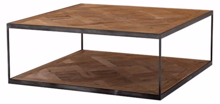 Tavolino da salotto in stile Art Déco "Casa Padrino", realizzato in zinco e legno di quercia - Forma quadrata, dimensioni 100 x 100 x altezza 38 cm