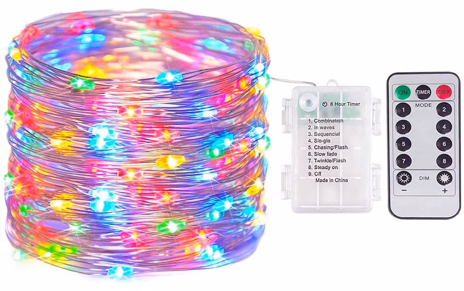 Catena luminosa a LED, 2 metri, 20 LED, 8 modalità, multicolore, con telecomando