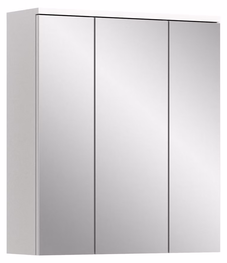 Mobiletto da bagno con specchio, dimensioni 63x73x21 cm, 3 ante, sistema di chiusura ammortizzata, 6 ripiani, finitura bianco lucido