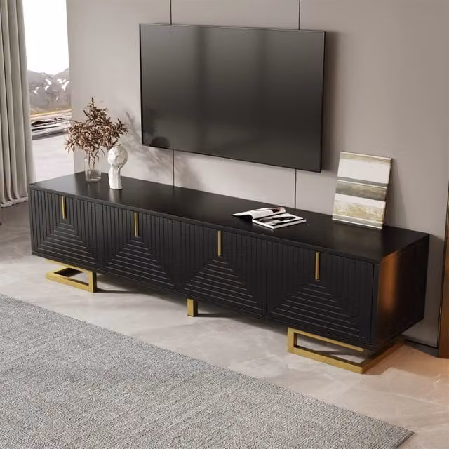Mobile TV Zephmum moderno in legno e MDF nero con dettagli geometrici e gambe dorate L: 160 cm, P: 38 cm, H: 44,5 cm