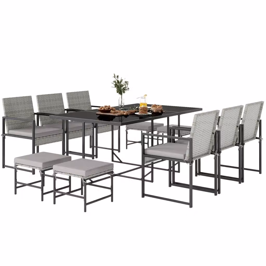 Set Pranzo da Giardino in Polyrattan Grigio con Tavolo in Vetro e 11 Pezzi, inclusi 6 Poltrone e 4 Pouf – 2