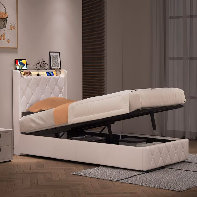 Letto imbottito REMZETTA, 90 x 200 cm, letto singolo con contenitore e meccanismo di sollevamento idraulico, testiera imbottita, tessuto velluto, color beige