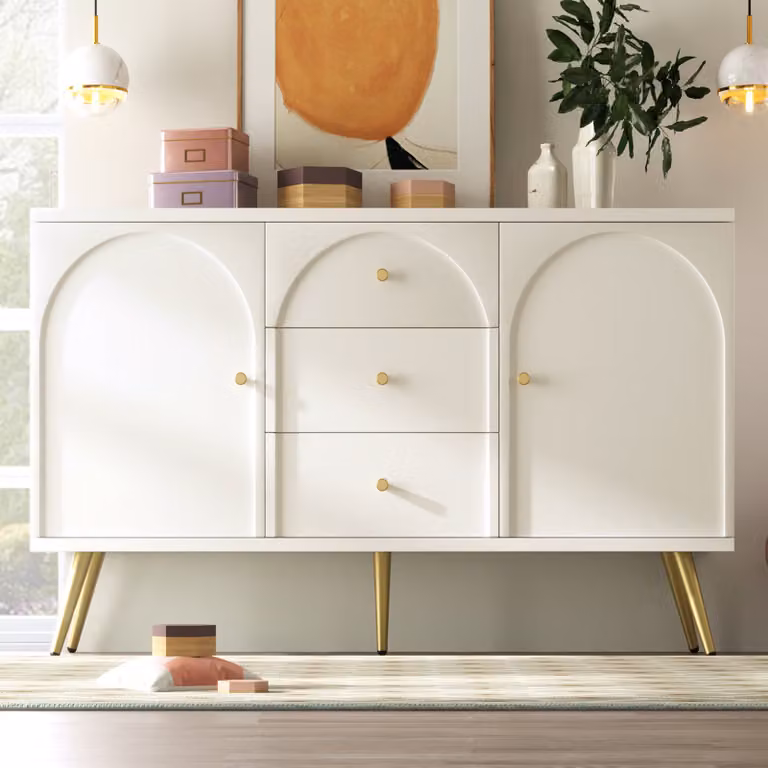 Credenza Flieks con 3 cassetti, mobile da soggiorno a 2 ante, cassettiera con gambe in metallo, 140x40x84cm, bianco panna