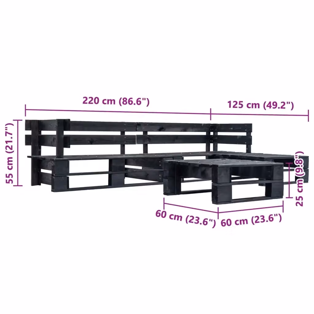 Set di divani da giardino vidaXL a forma di L in legno di pino con cuscini neri, composto da elementi angolari, ottoman e tavolino da caffè – 2
