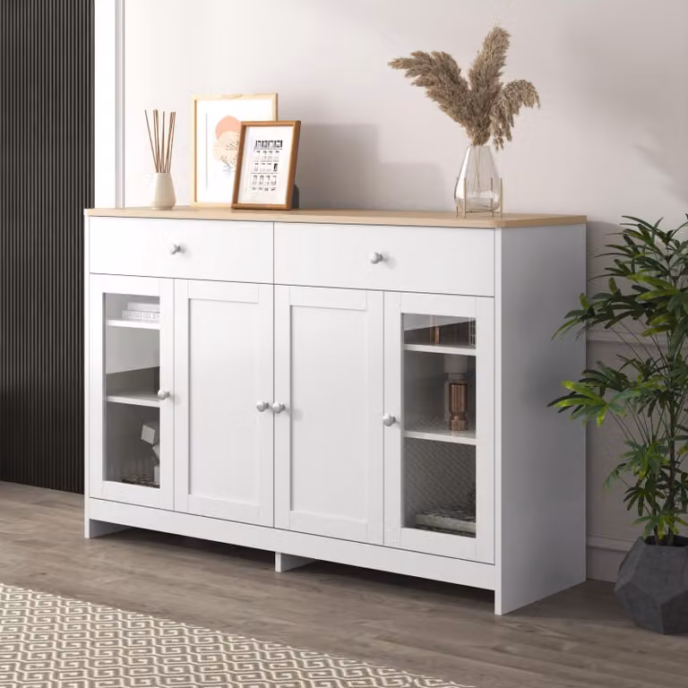 FurnitureR: Mobile contenitore bianco, design scandinavo, impiallacciatura in legno, moderno