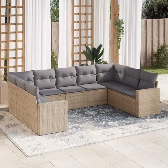 Set Divano da Giardino VIDAXL a Forma di U in Polyrattan Beige con 9 Pezzi e Cuscini