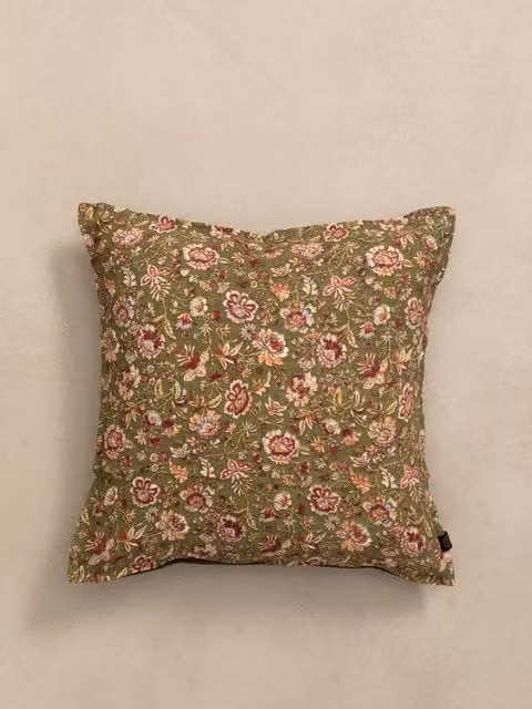 Cuscino quadrato Kenay Home in lino con fantasia floreale, colore kaki, L: 40 cm x P: 40 cm