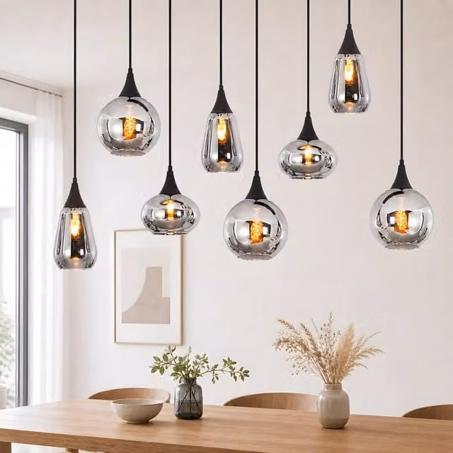 ZMH Lampada a Sospensione E27 Vintage 8 Luci Grigio Fumo Per Tavolo da Pranzo Sala da Pranzo Senza Lampadine