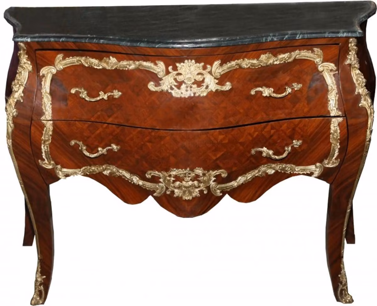 Comò in stile barocco "Casa Padrino", color marrone, con piano in marmo e intarsi in mogano. Larghezza: 129 cm. Mobile da soggiorno in stile barocco