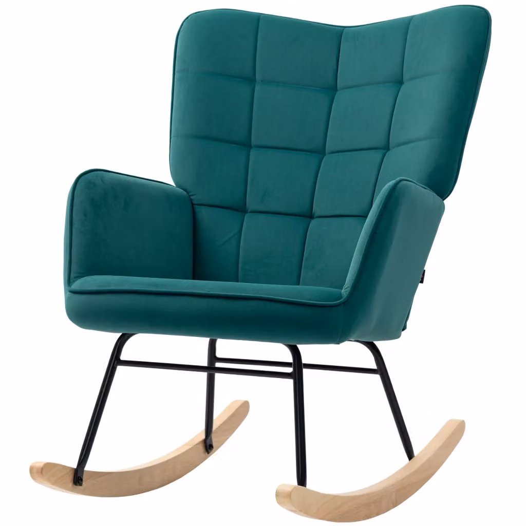 Poltrona a dondolo Xylo in velluto verde con struttura in acciaio e legno di faggio L/P/H: 71 x 98 x 101 cm – 2