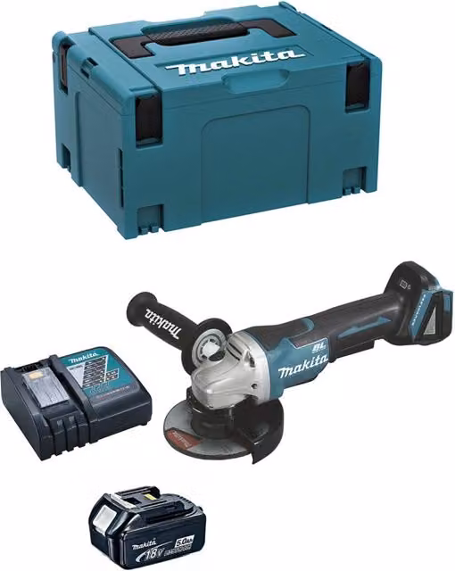 Mini-Smerigliatrice Makita DGA508RTJ1 con Batteria 5,0 Ah, Caricatore DC18RC e Sistema Makpac 3