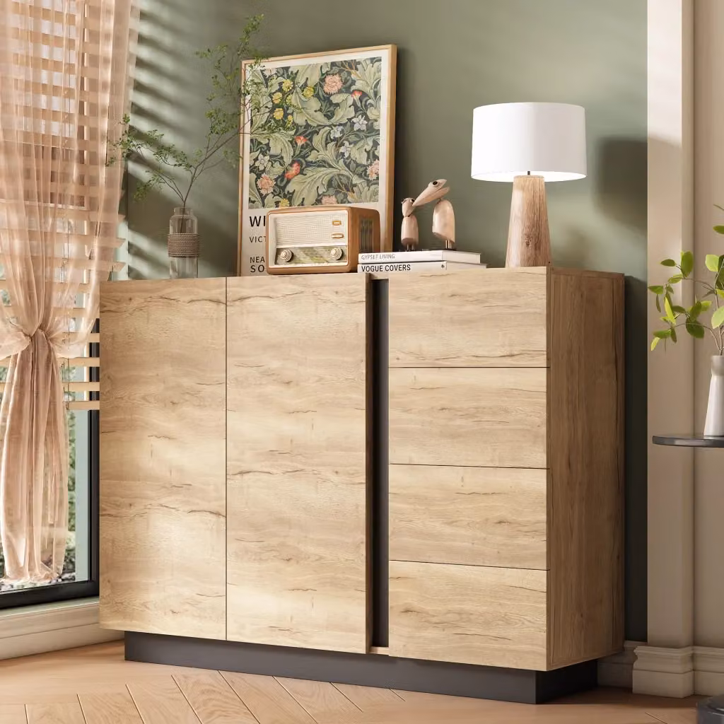 Madia moderna WISHDOR con 2 ante e 4 cassetti in MDF, colore beige e nero, L: 120 cm, P: 35,5 cm, H: 90,5 cm – 2