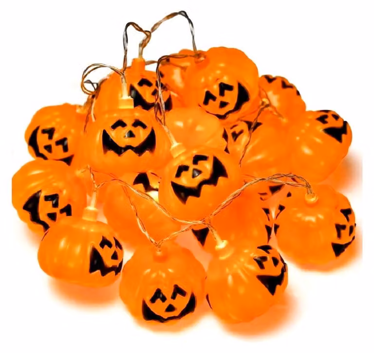 Catena luminosa a tema Halloween, 16 LED, 320 cm, arancione, alimentata a batteria