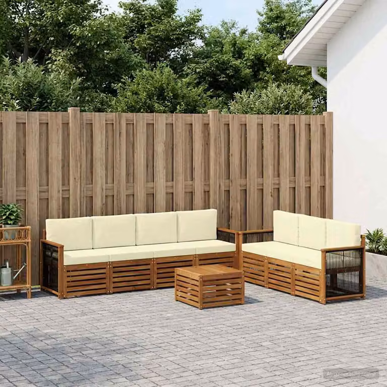 Set di divani da giardino vidaXL in legno di acacia massello con cuscini beige e marrone, composizione a L per 8 persone