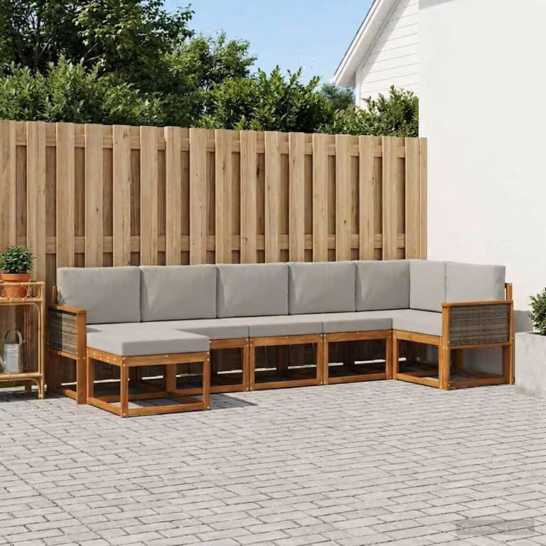 vidaXL Set di divani da esterno 7 pz in legno di acacia con cuscini, L-shape, Beige e Grigio