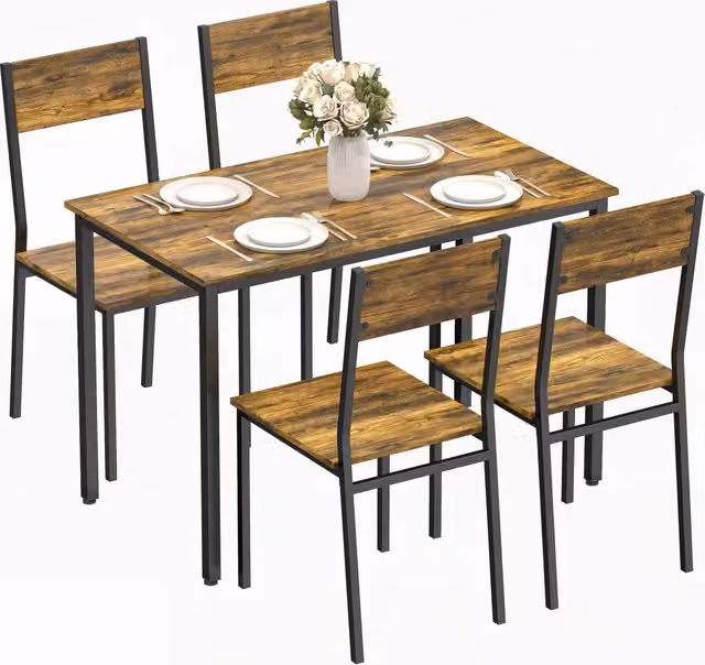 Set da pranzo Minimal composto da tavolo allungabile rettangolare e 4 sedie in legno effetto rovere marrone con gambe in metallo nero, L/P/H: 200 x 90 x 76 cm