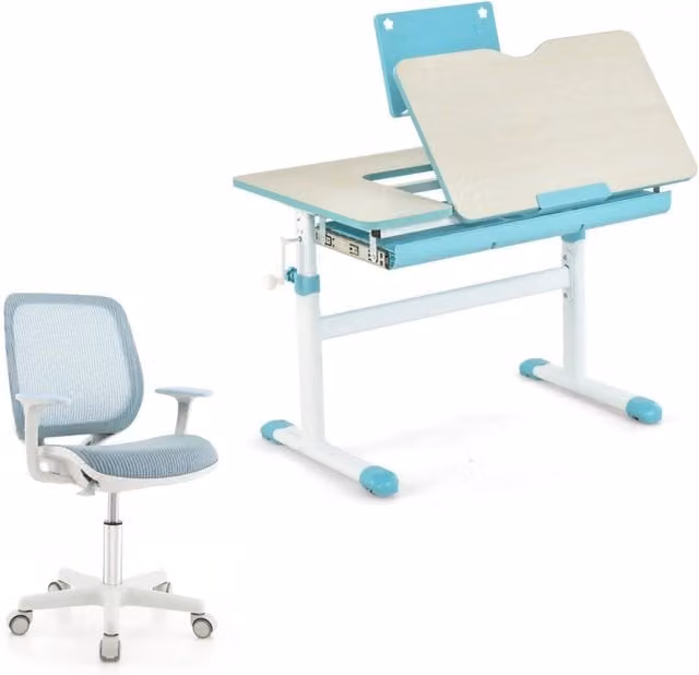 Set scrivania ergonomica regolabile in altezza e sedia girevole per bambini, colore blu
