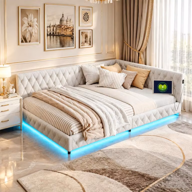 Letto imbottito INONEFT, 140x200 cm, divano letto per il giorno, letto matrimoniale con LED e USB, letto angolare, letto per ragazzi con rete a doghe, rivestito in pile effetto peluche, color beige