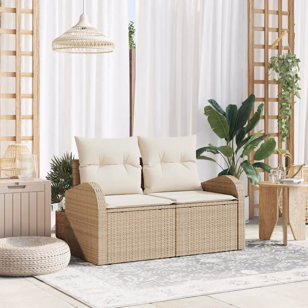 Divano da giardino vidaXL in rattan con cuscini beige e struttura in metallo L/P/H: 124 x 62 x 69 cm
